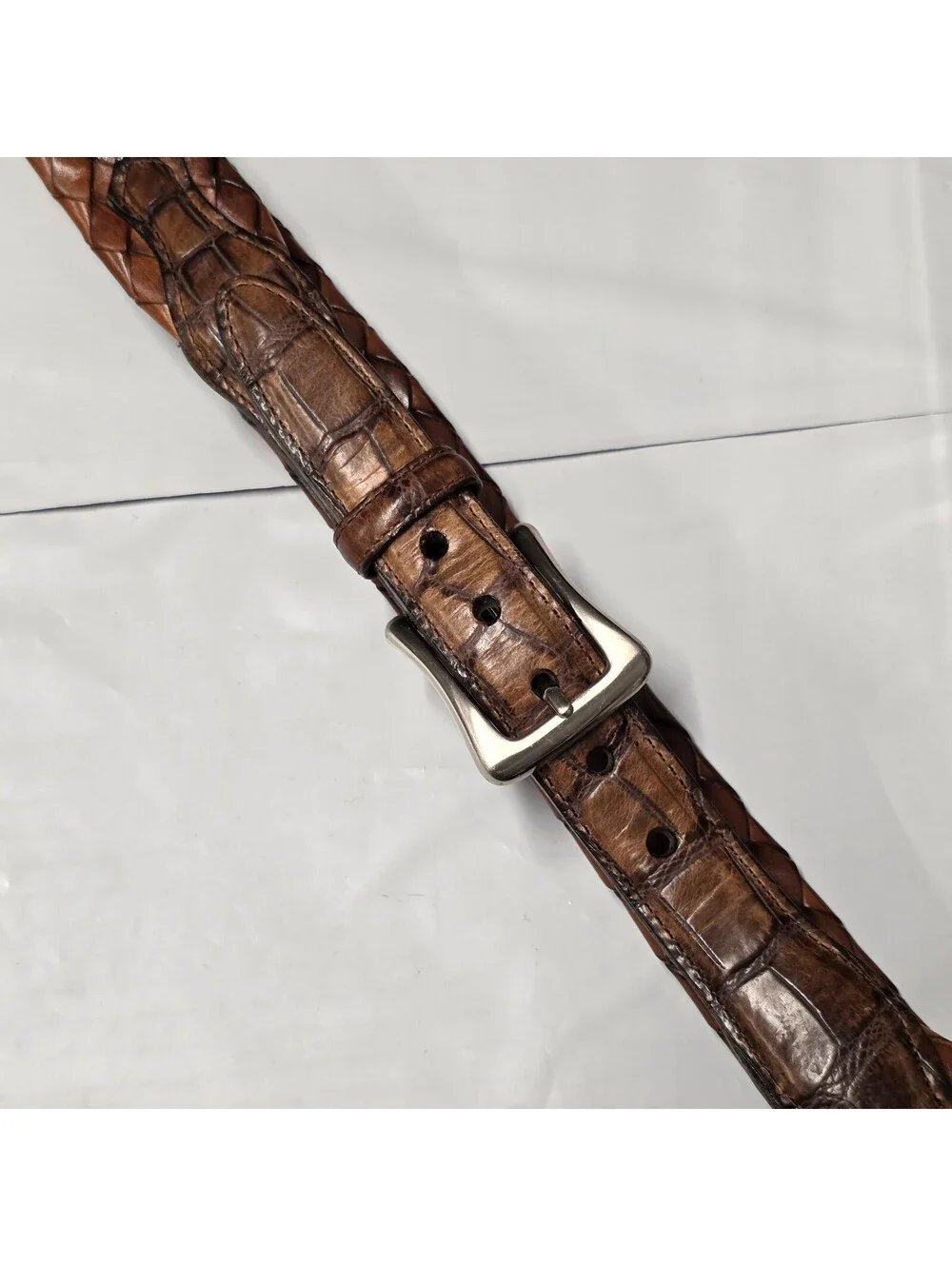 braided Woven Belt calfskin crocodile Italy handmade luxury 34 Brown Brass buckl